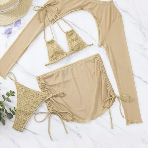 Beige Bikini + Mesh Top Set - Picture 1 of 4